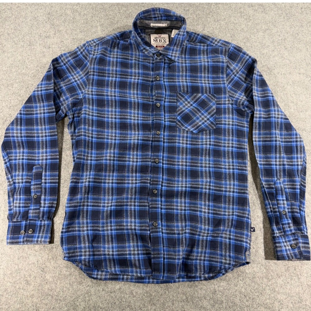 MBX Premium Dry Goods Mens Medium Blue Black Plaid Flannel Button Up Shirt